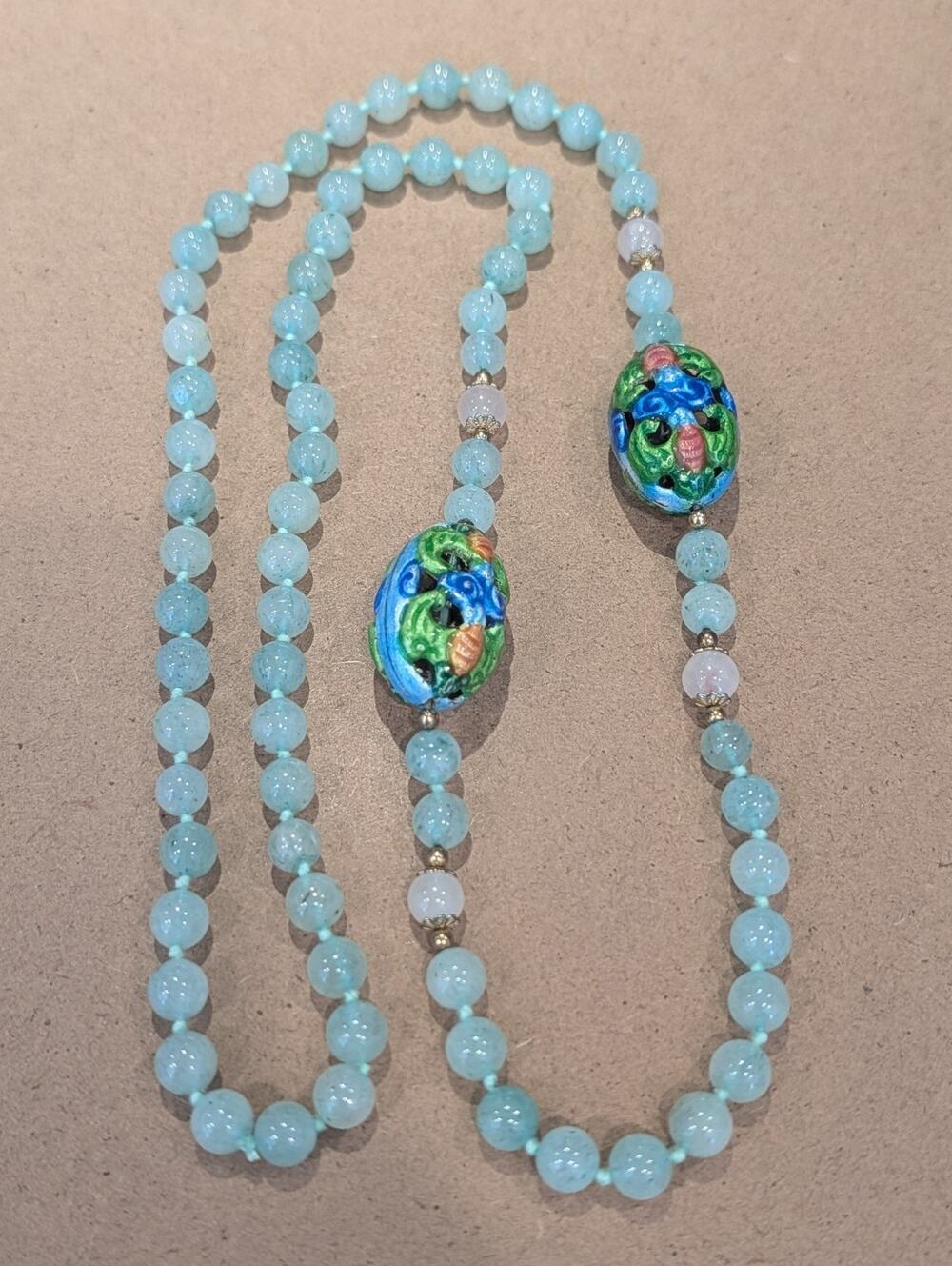 Vtg Green Aventurine & Rose Quartz Bead Necklace w/ large Enamel Beads Unique